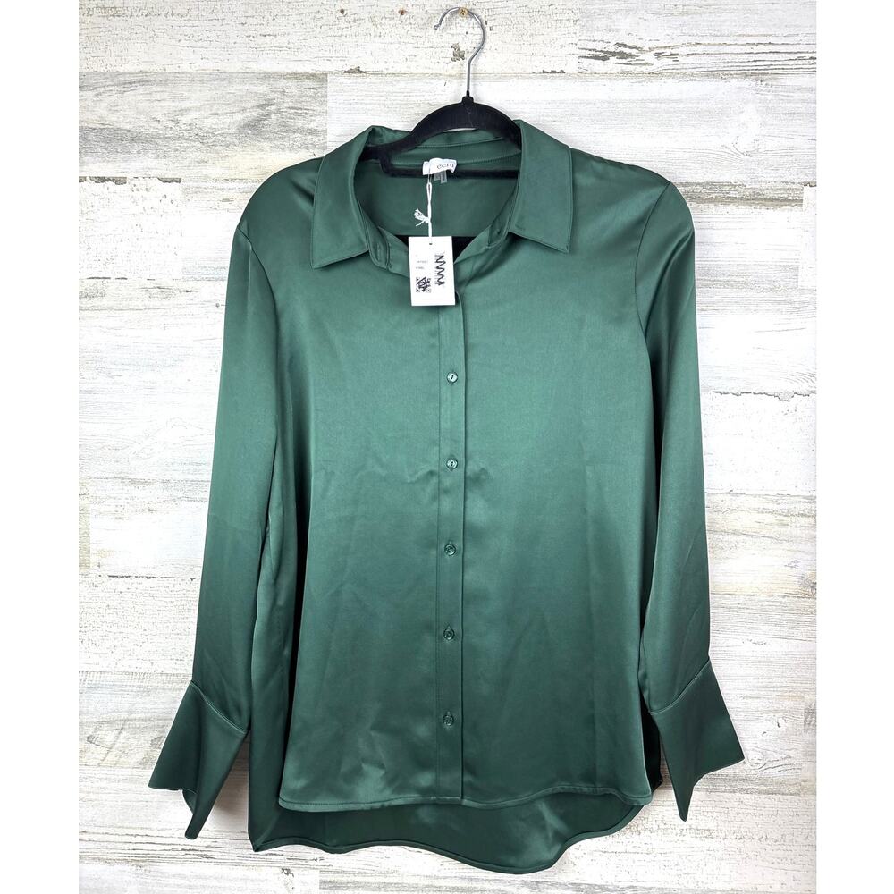 ecru Satin Button-Up Blouse in Deep Green